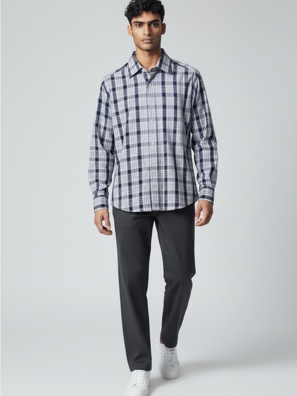 Bugatchi Uomo Long Sleeve Button Up Shirt Men’s M Blue Plaid Contrast Cuffs